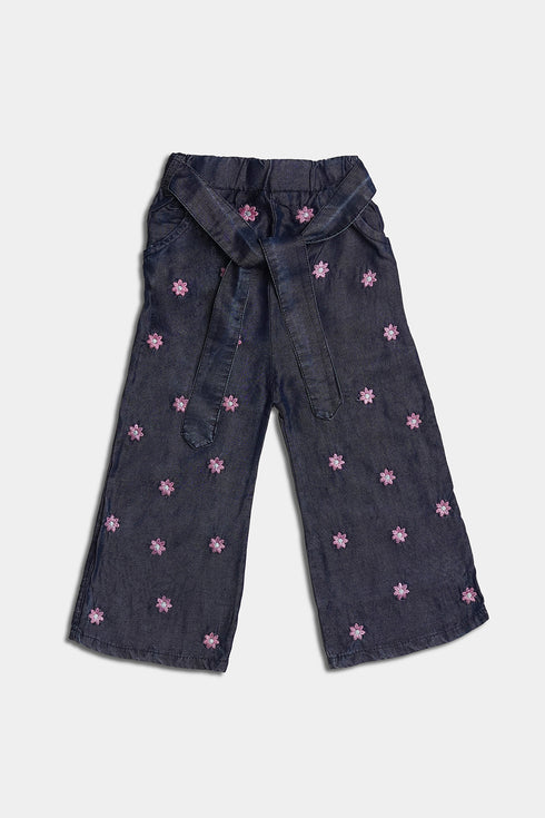 Embroidered Flowers Plazo - Blue