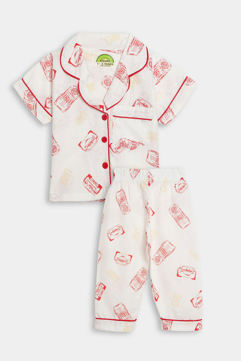 Printed Car Nightsuits - White
