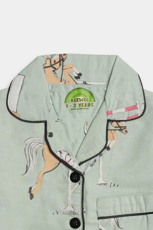 Printed Horses Nightsuit - Sea Green