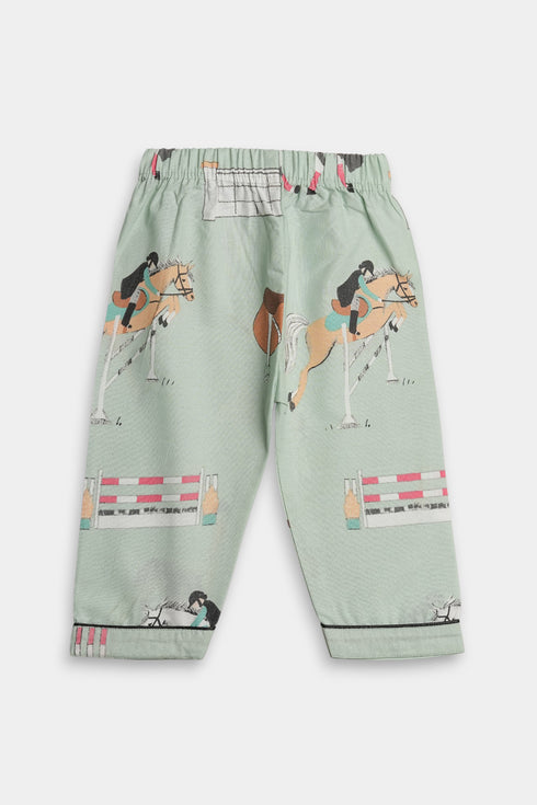 Printed Horses Nightsuit - Sea Green