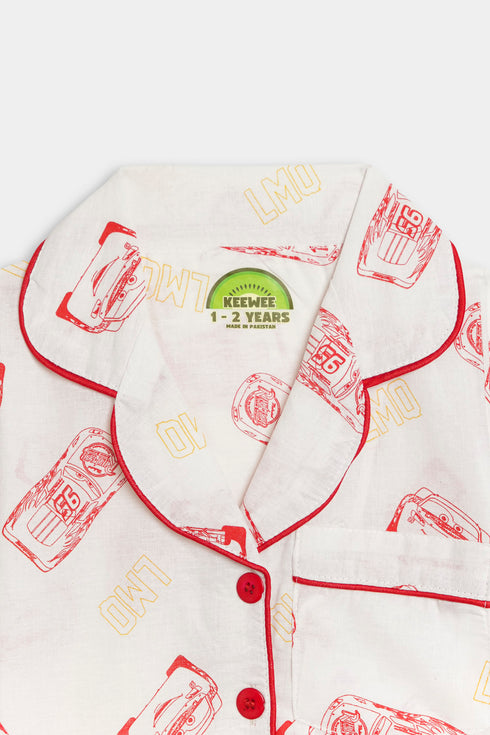 Printed Car Nightsuits - White