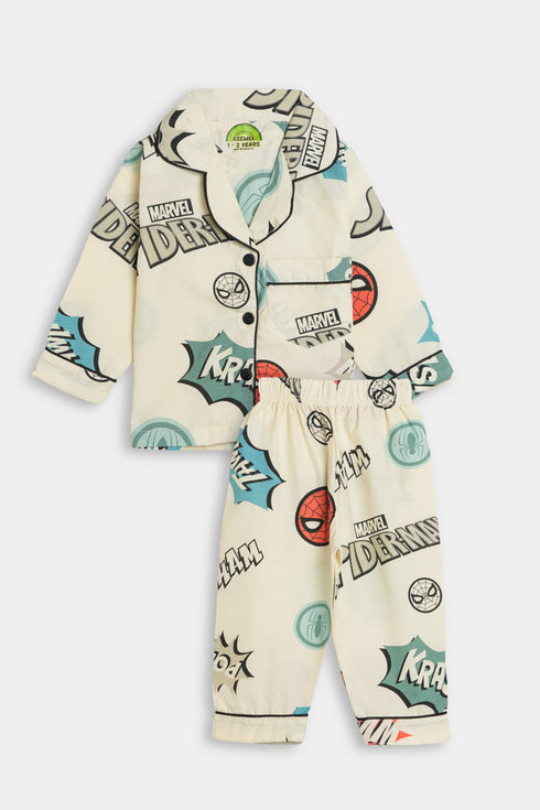 Printed Spiderman Nightsuit - Beige