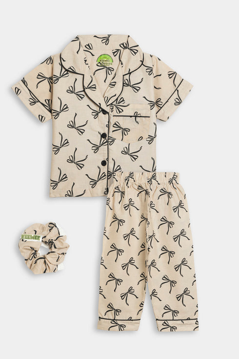 Printed Bow Nightsuit -Beige