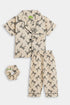 Printed Bow Nightsuit -Beige