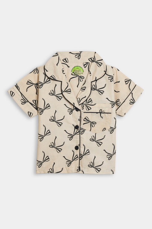 Printed Bow Nightsuit -Beige