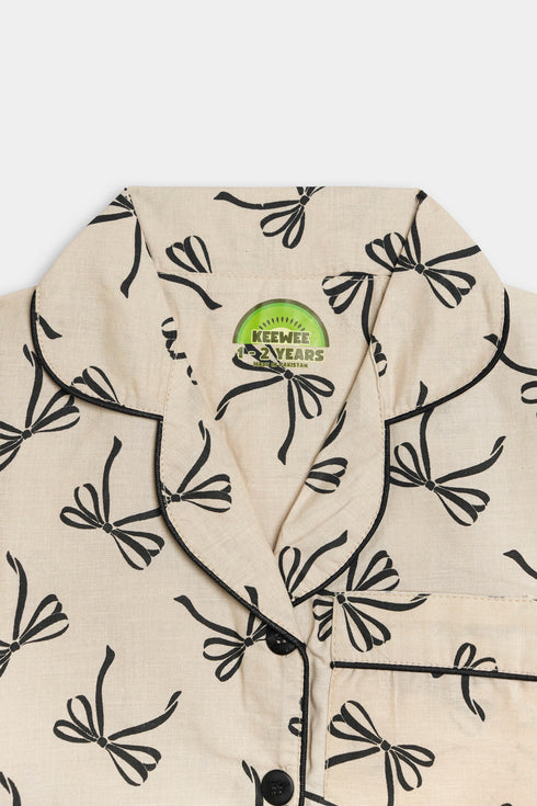 Printed Bow Nightsuit -Beige