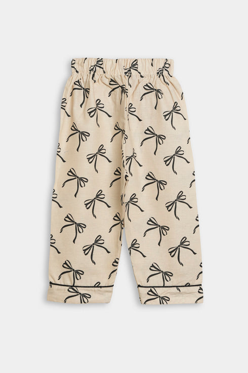 Printed Bow Nightsuit -Beige