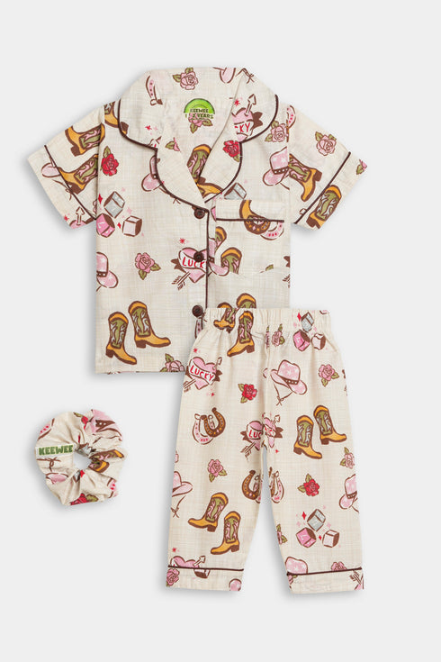 Printed Cowgirl Nightsuit -Beige
