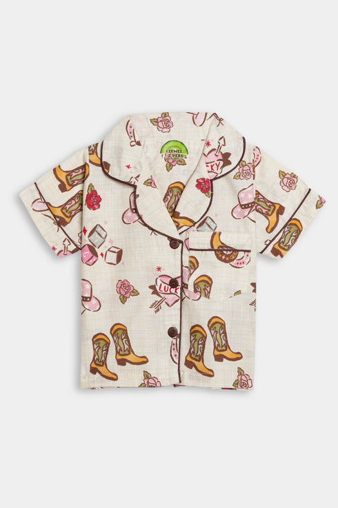 Printed Cowgirl Nightsuit -Beige
