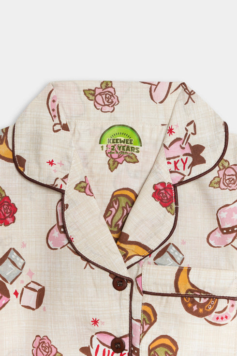 Printed Cowgirl Nightsuit -Beige