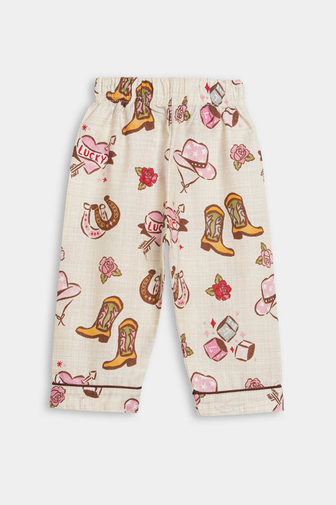 Printed Cowgirl Nightsuit -Beige