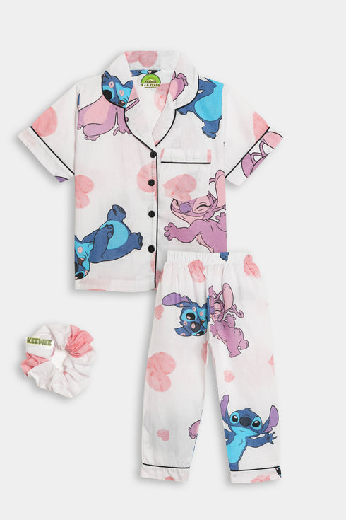 Printed Stitch Heart Nightsuit -White