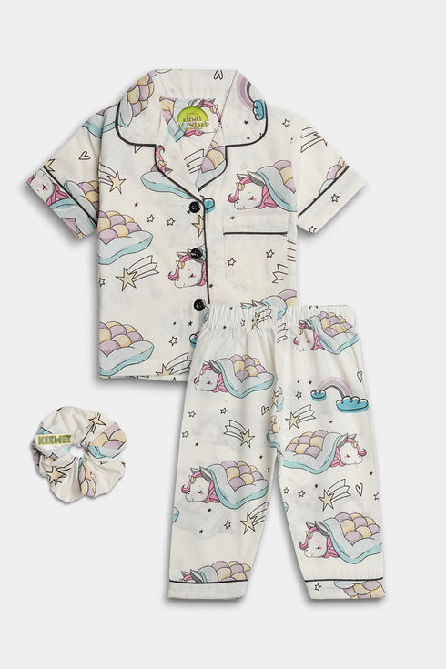 Printed Unicorn Nightsuit - White