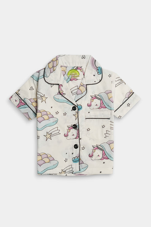 Printed Unicorn Nightsuit - White