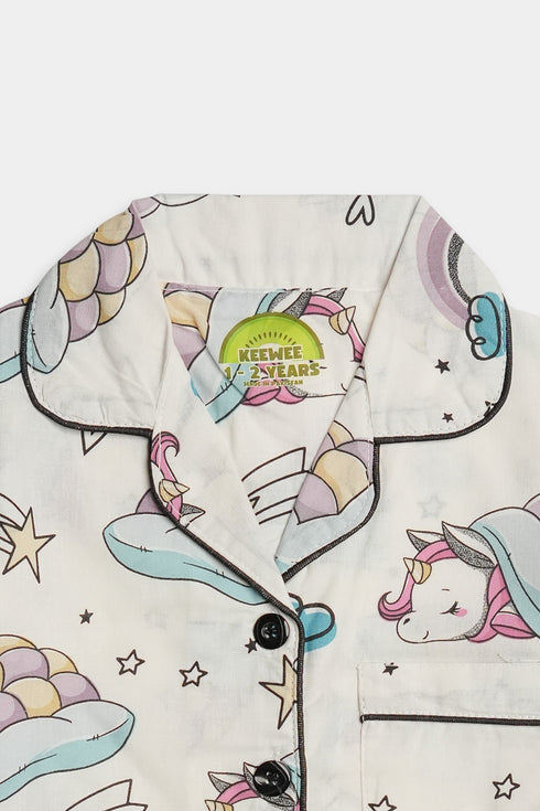Printed Unicorn Nightsuit - White