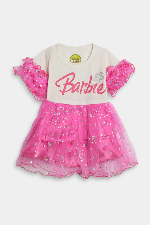 Printed Barbie Frock - Pink