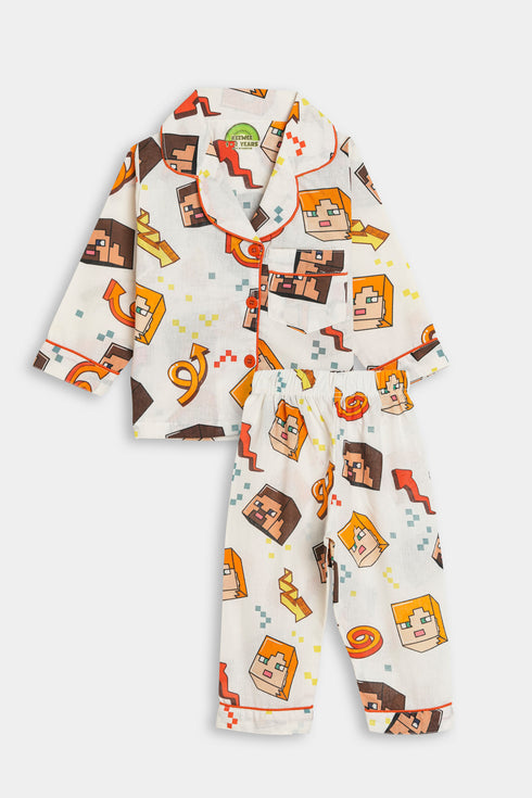 Printed Blocks Nightsuit - White