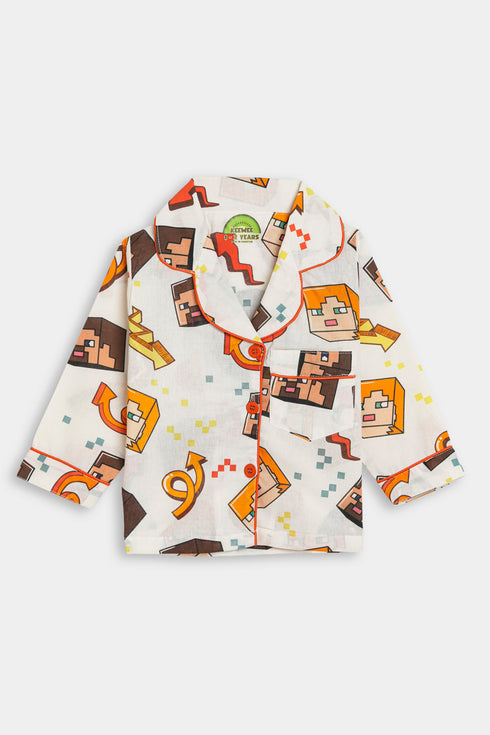 Printed Blocks Nightsuit - White