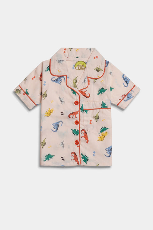 Printed Dino Nightsuit - Peach ( With Scrunchie )