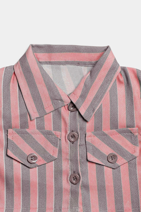 Printed Striped Bow Frock Set - Pink