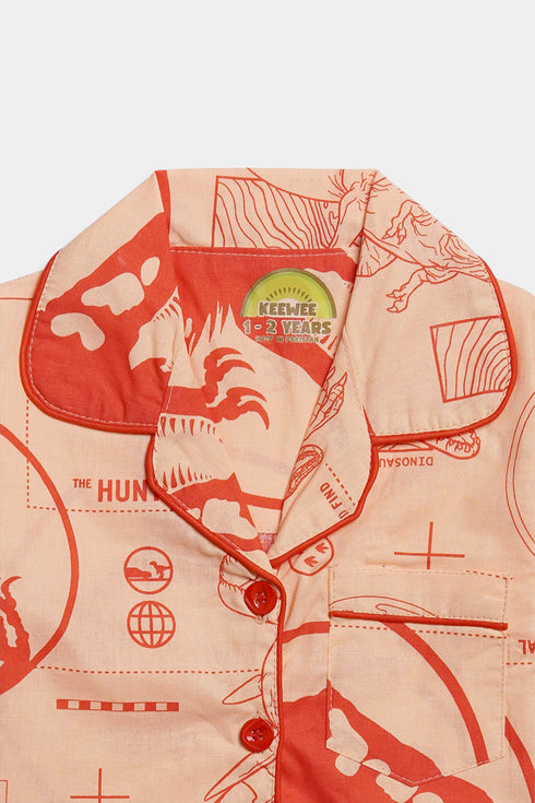 Printed Dinosaurs Nightsuit - Red