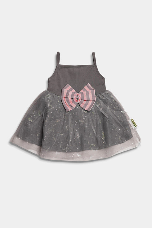 Printed Striped Bow Frock Set - Pink