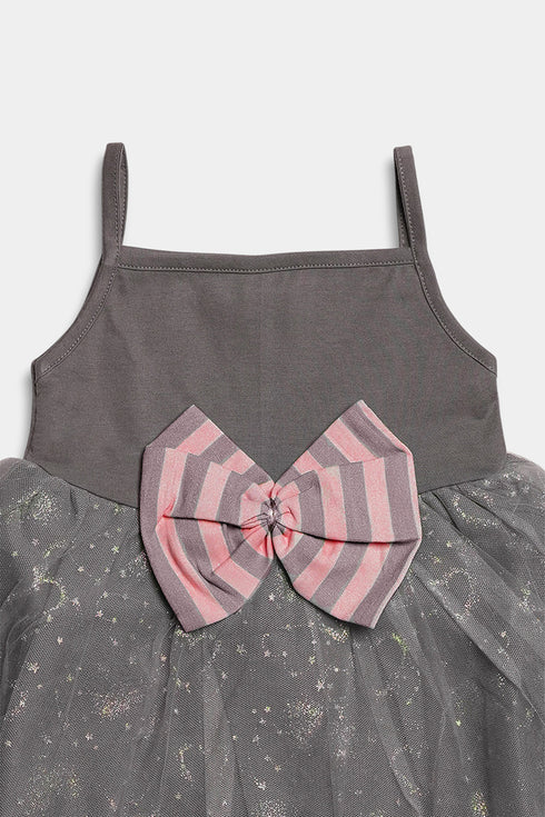 Printed Striped Bow Frock Set - Pink