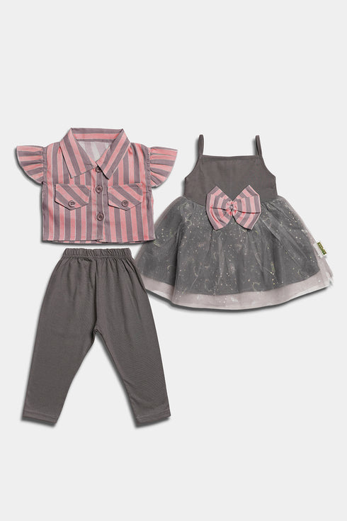 Printed Striped Bow Frock Set - Pink