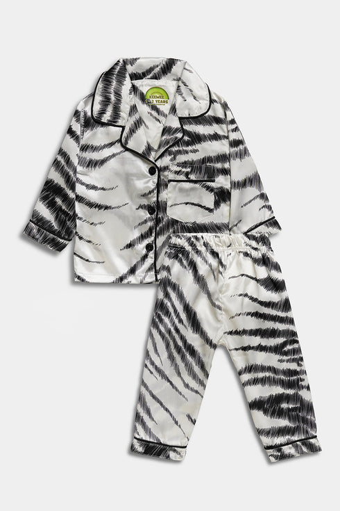 Printed Striped Silk Nightsuit - White