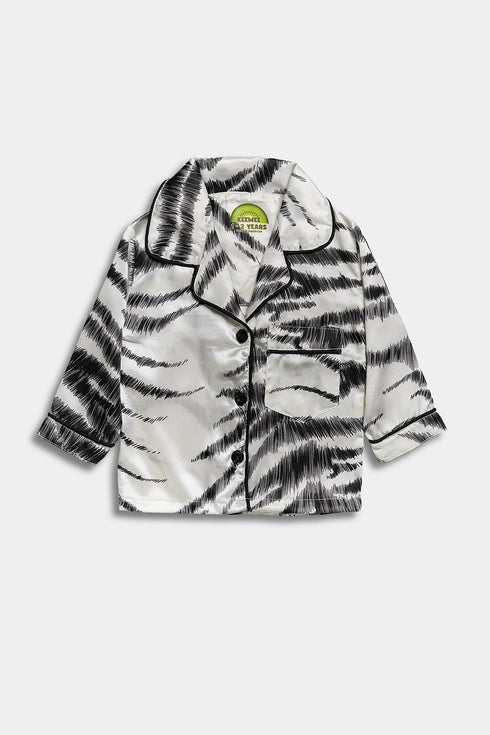 Printed Striped Silk Nightsuit - White