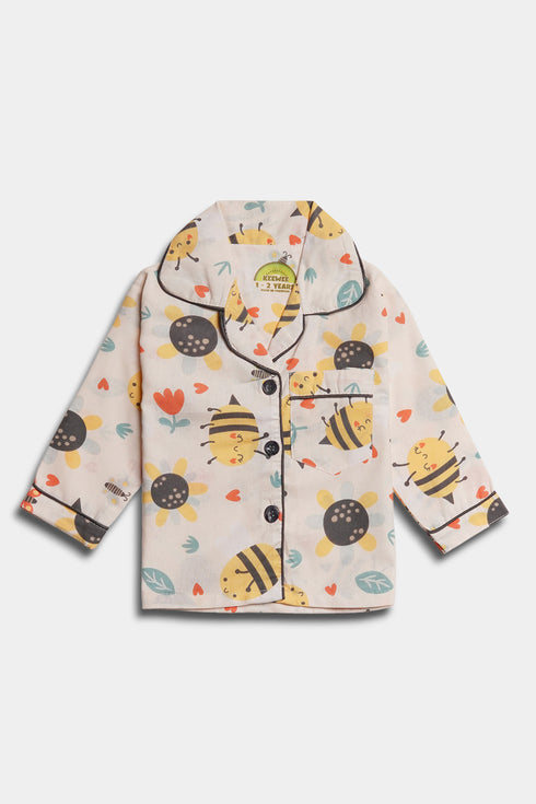 Printed Bee Nightsuit - White