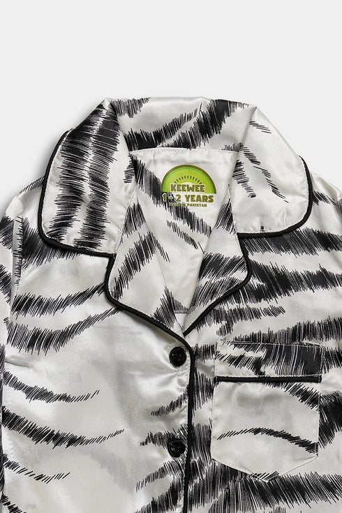 Printed Striped Silk Nightsuit - White