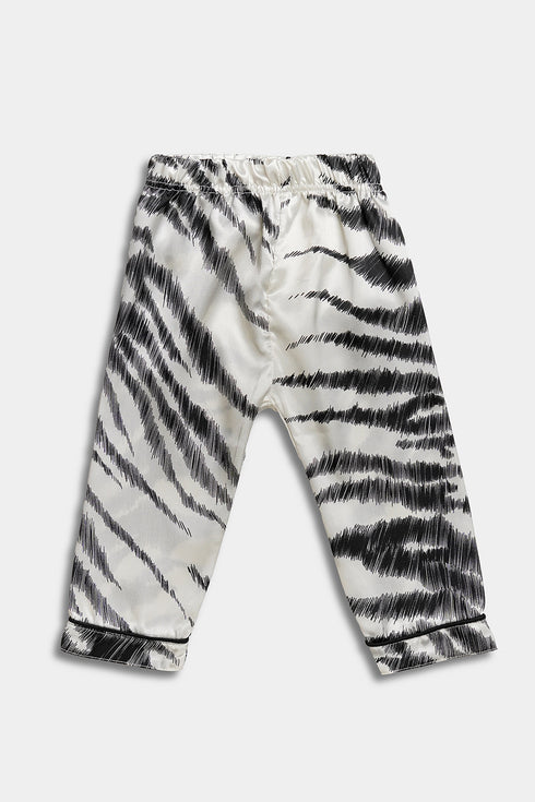 Printed Striped Silk Nightsuit - White