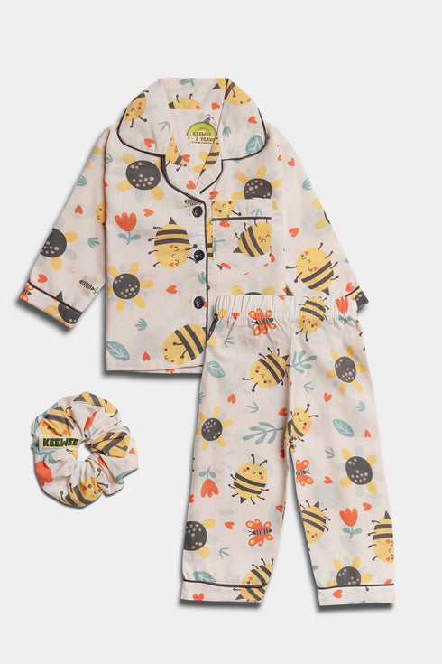 Printed Bee Nightsuit - White