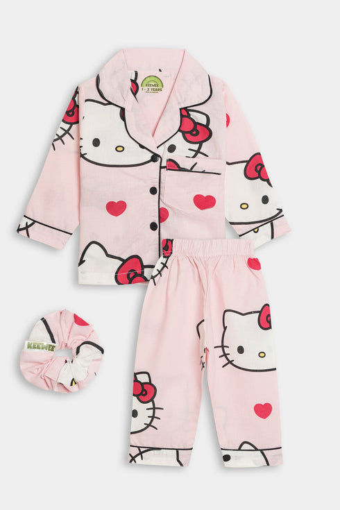 Printed Kitty Nightsuit - Pink