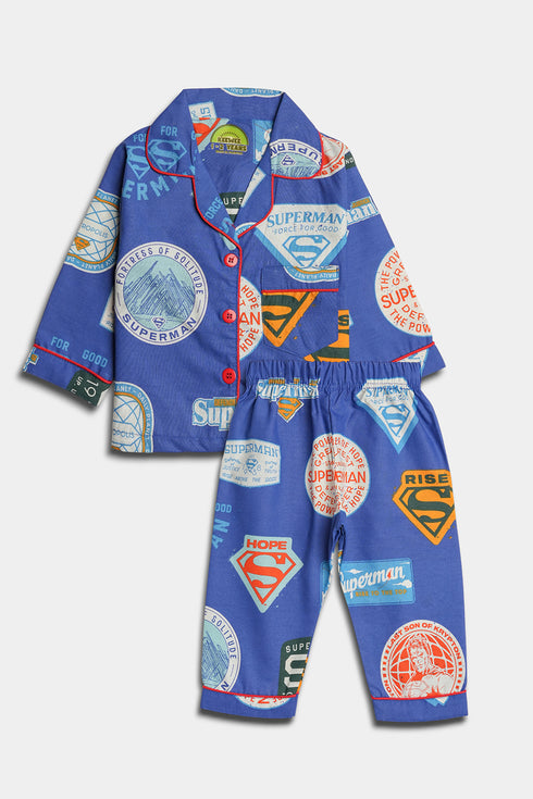 Printed Superman Nightsuit - Blue
