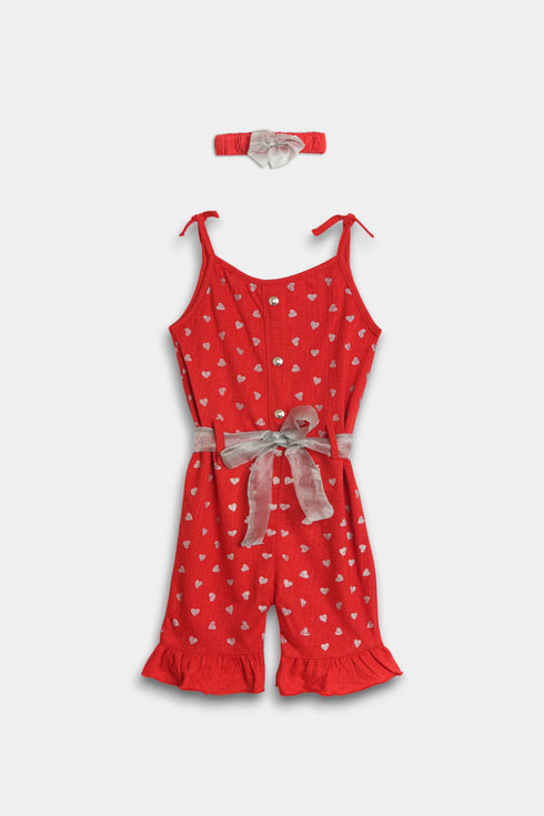 Printed Hearts Jumpsuit - Red