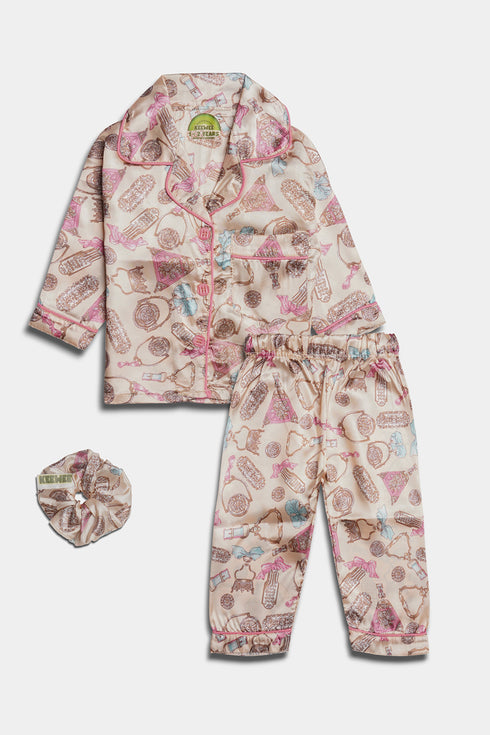 Printed Perfume Nightsuit - Cream