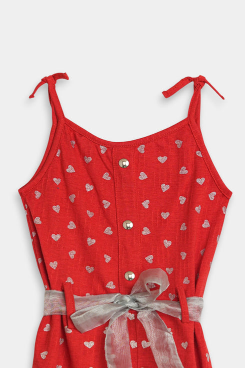 Printed Hearts Jumpsuit - Red