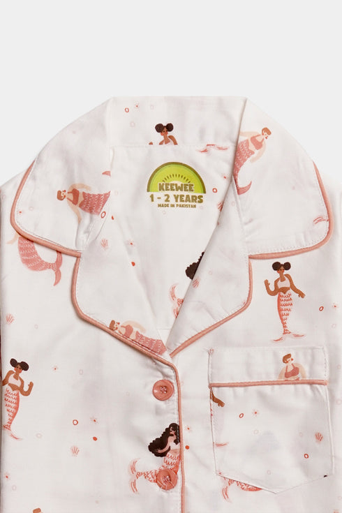 Printed Mermaid Nightsuit - White