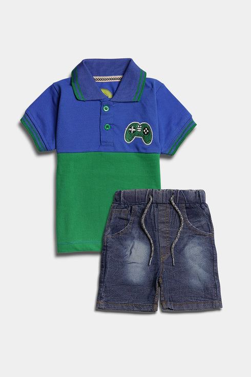Embroidered Game Polo Set - Blue