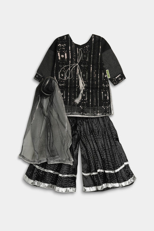 Embroidered Sequins Sharara Chiffon 3 Piece - Black
