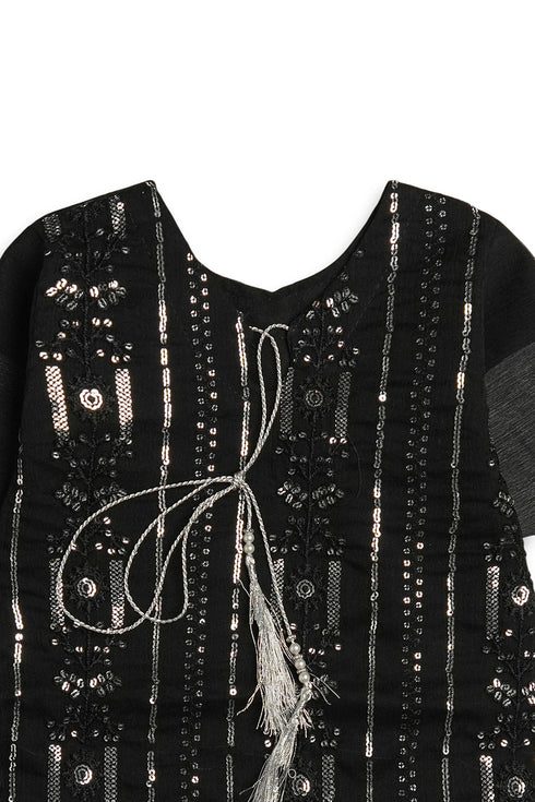 Embroidered Sequins Sharara Chiffon 3 Piece - Black