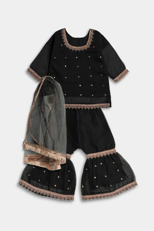 Pearl Gharara Chiffon 3 Piece - Black