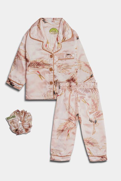 Printed Swan Nightsuit - Peach