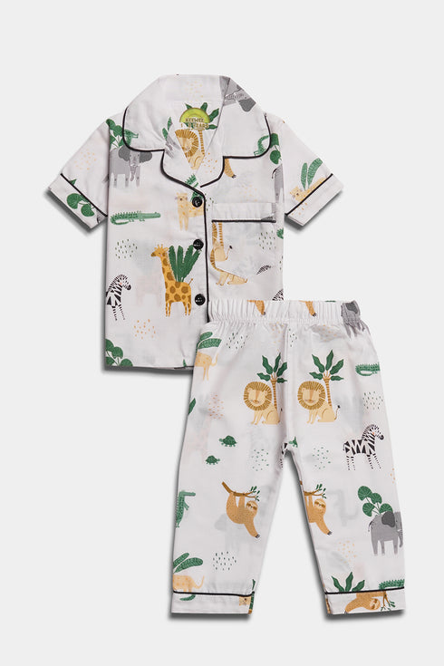 Printed Animals Nightsuit - White ( Without Scrunchie )