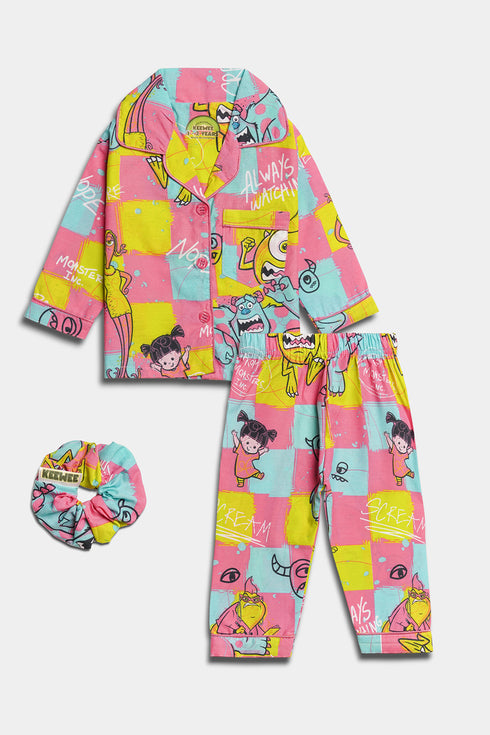 Printed Monster Nightsuit - Pink