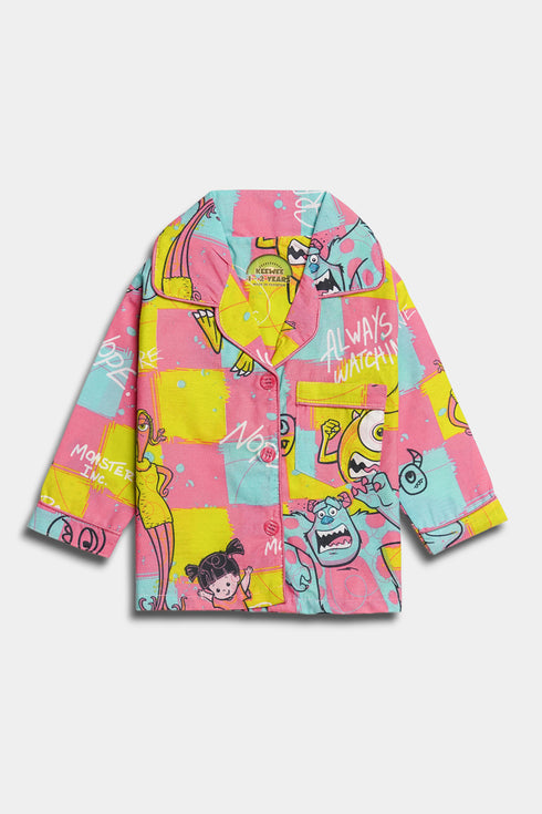Printed Monster Nightsuit - Pink