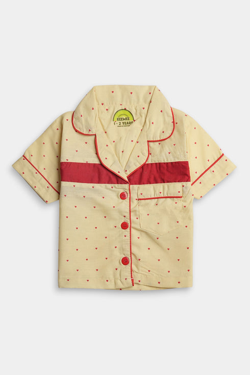 Printed Heart Nightsuit - Yellow
