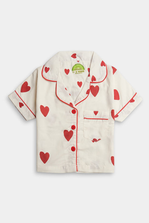Printed Heart Nightsuit - White